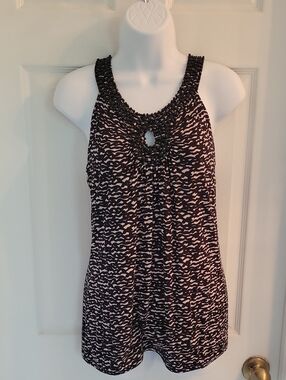 INC International Concepts Black and Cream Beaded Keyhole Racerback Tank